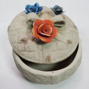 Vintage Trinket Box Cloisonné Ceramic Weave w/ Lid Taiwan 3.5x2.5 Inch